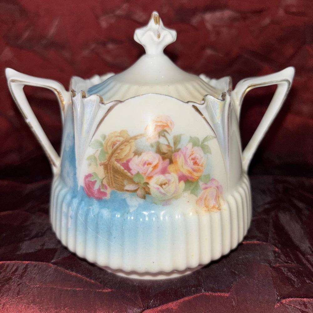 Antique RS Prussia Porcelain Small Sugar Bowl Ribbed Base Hand Painted Delicate